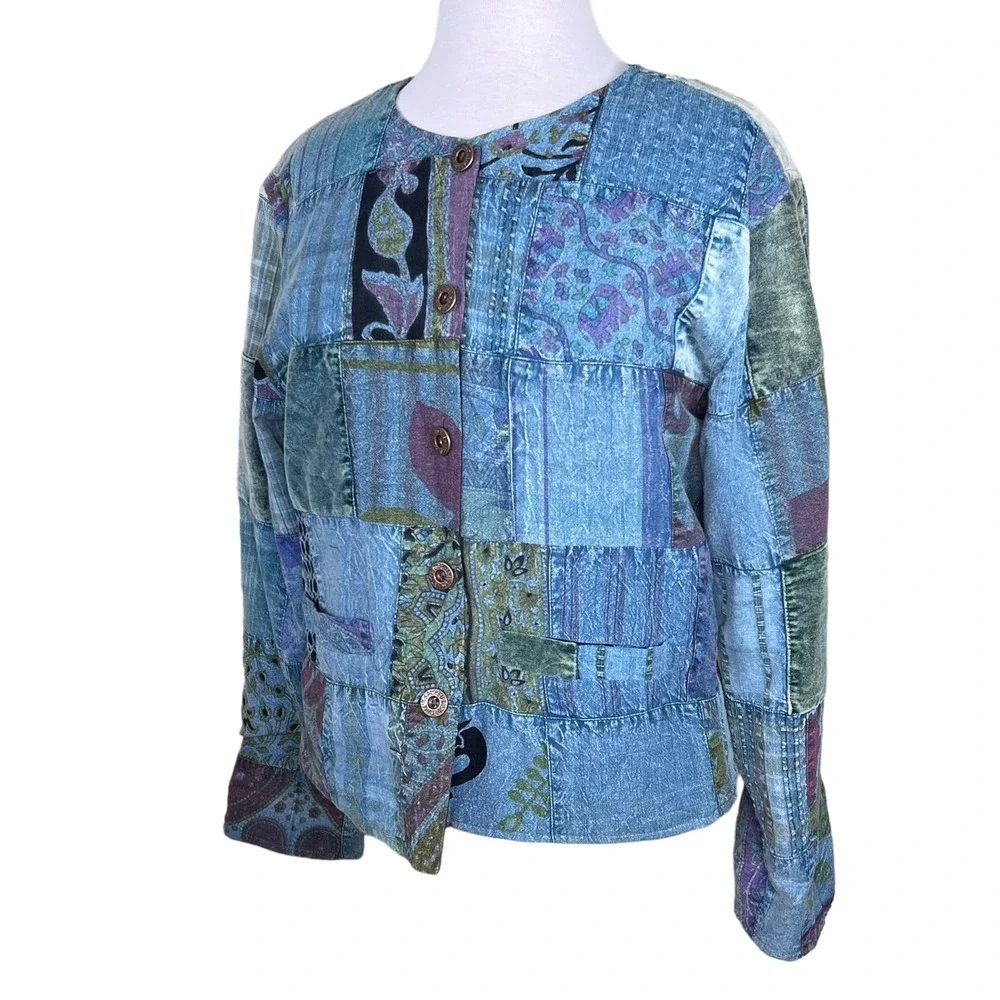 Sacred Threads Women’s Boho Art-to-Wear Patchwork Cotton Jacket Size Small